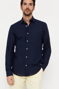 Cortefiel Hemd Aus Baumwoll-Leinen, Uni-Blau