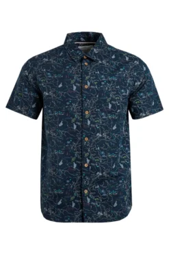Weird Fish Blue Tribena Short Sleeve Printed Linen Rich Shirt