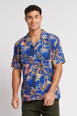 U.s. Polo Assn. Herren Kurzärmeliges Seersucker-Hemd Mit Reverskragen Und Palmenblattprint, Blau