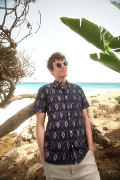 Next Marineblau Mit Ikatmuster - Kurzärmeliges Hemd, Grüner Geo-Druck